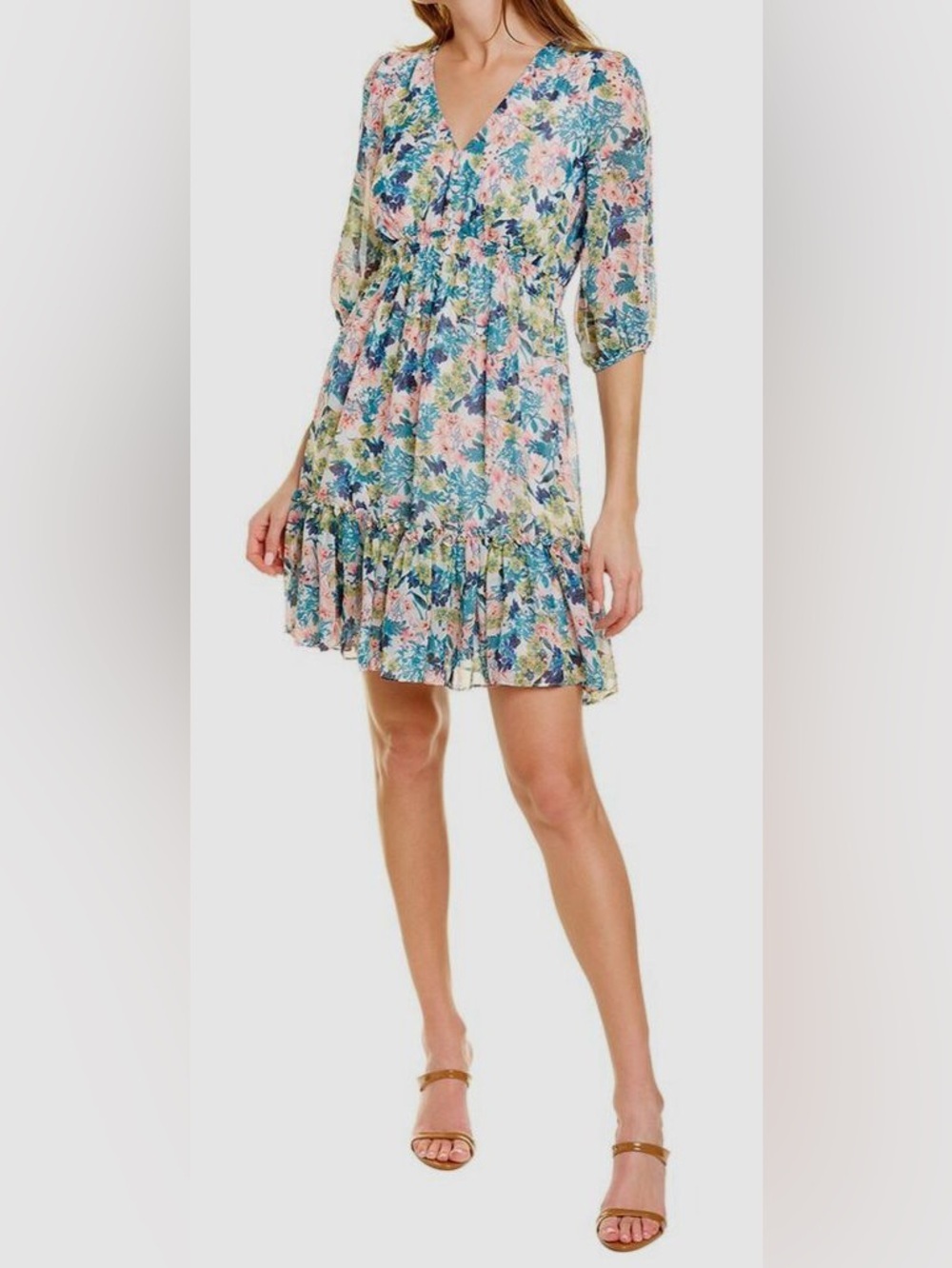 Taylor Floral Chiffon Smocked
Waist Ruffle Hem Dress.